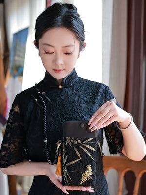 Authentic bamboo bird motif crossbody bag modern vintage style purse for women standing front