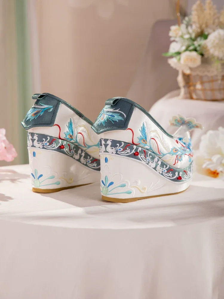 Authentic blue hanfu embroidered shoes women tang style cloud toe flats with 10cm lift for spring autumn for women standing front