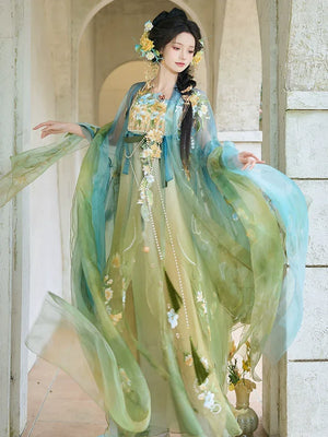 Authentic blue and green hanfu women large sleeve shirt embroidery spring and summer for women standing front