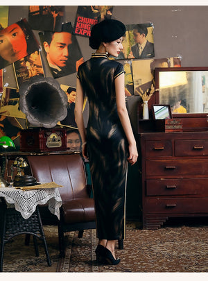 Authentic cheongsam qipao black sheer lace short sleeve midi dress with gold trim mandarin collar vintage glamour for women standing front