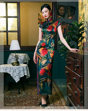 Authentic Cheongsam Qipao | Dark Green Tropical Floral Print Short Sleeve Midi Dress with Mandarin Collar Vintage Boho for Women


