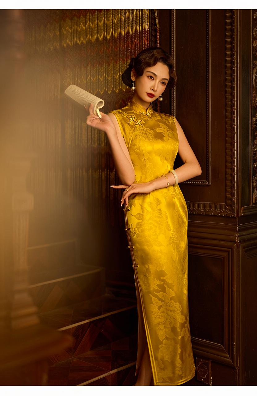 Authentic cheongsam qipao golden yellow satin sleeveless slim maxi dress with floral brooch vintage elegant style for women standing front