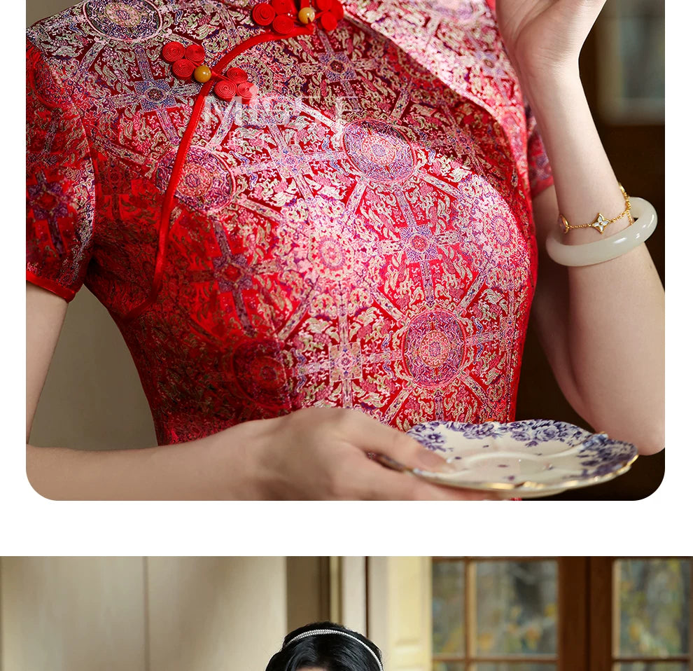 Authentic cheongsam qipao red lace short sleeve slim maxi dress with mandarin collar vintage elegant style for women standing front