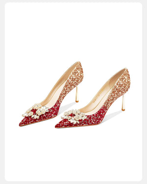 Authentic chinese wedding heels champagne gold red glitter gradient pointed toe stiletto pumps with 3d floral detail bridal shoes for bride standing front