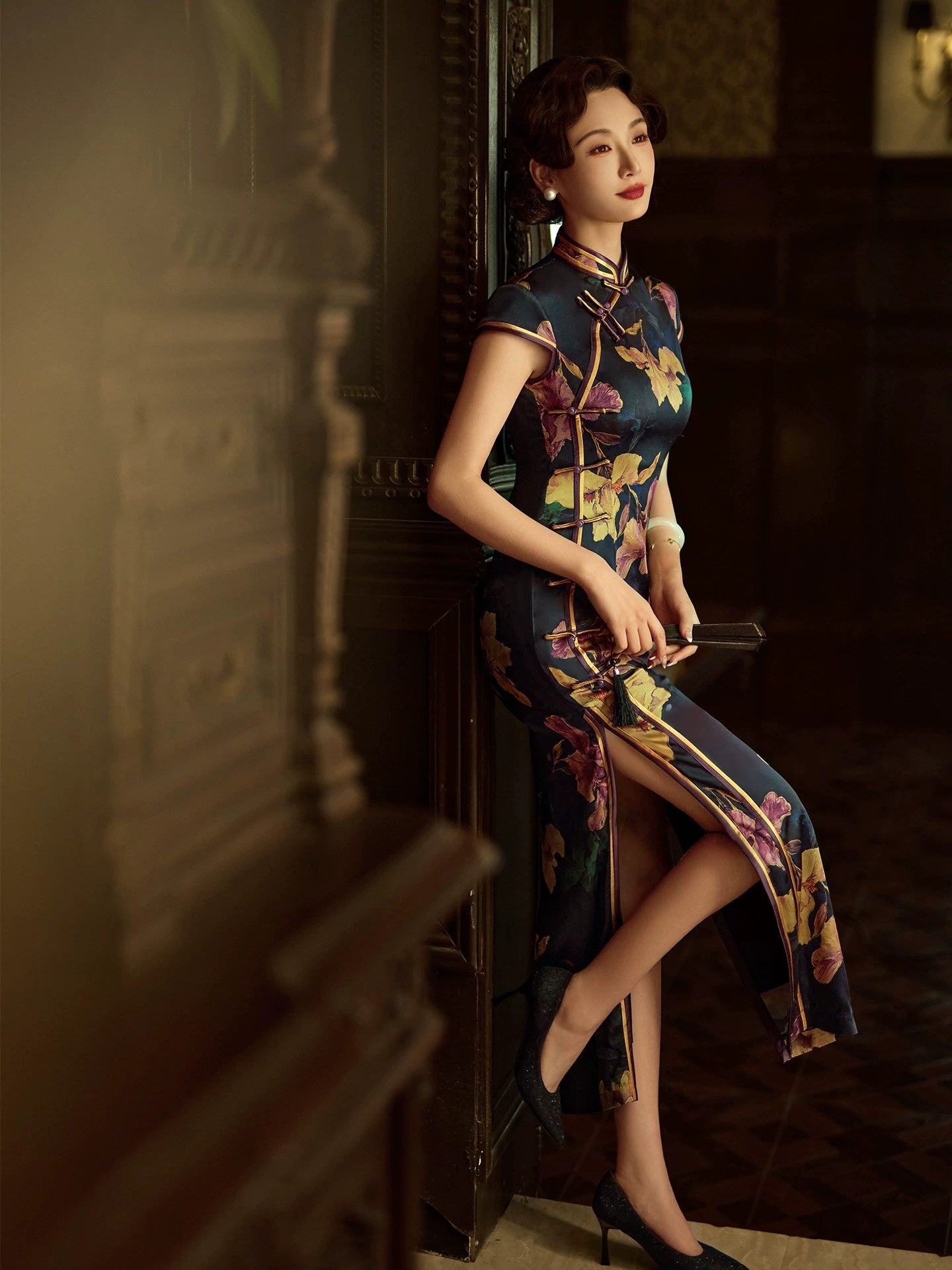 Authentic dark silk cheongsam dress gold floral embroidery qipao with mandarin collar for women standing front