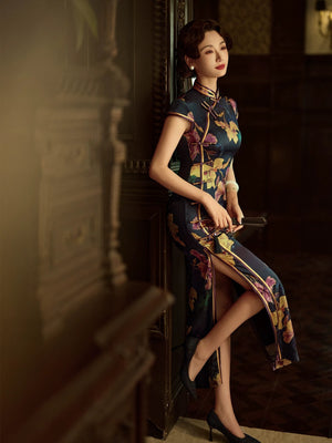 Authentic dark silk cheongsam dress gold floral embroidery qipao with mandarin collar for women standing front