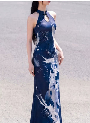 Authentic deep sea phoenix feather cut shoulder dress cheongsam knitted slim fishtail skirt holiday versatile thin standing front