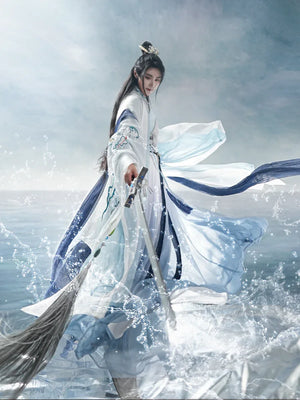 Authentic eight immortals crossing the sea men hanfu song made blue and white traditional outfit for men standing front