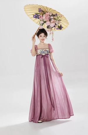 Authentic entering the curtain spring national style dress bubble sleeves embroidered long dress for early spring wear standing front

