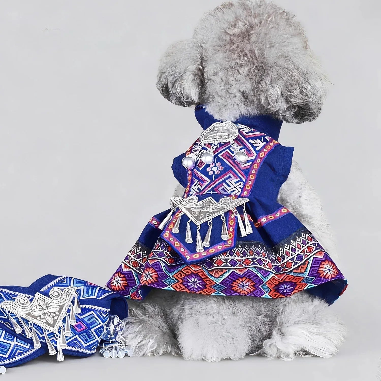 Authentic festival pet costume inspired by zhuang and yao minority ethnic styles for pets standing front