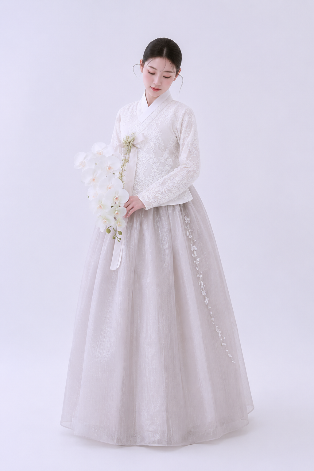 Authentic Floral Lace Embroidered Bridal Hanbok | Soft Grey Tulle Skirt with Pearl Accents for Bride

