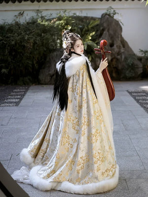 Authentic gold winter fur hanfu cloak thick warm elegant festive outerwear for women holidays standing front