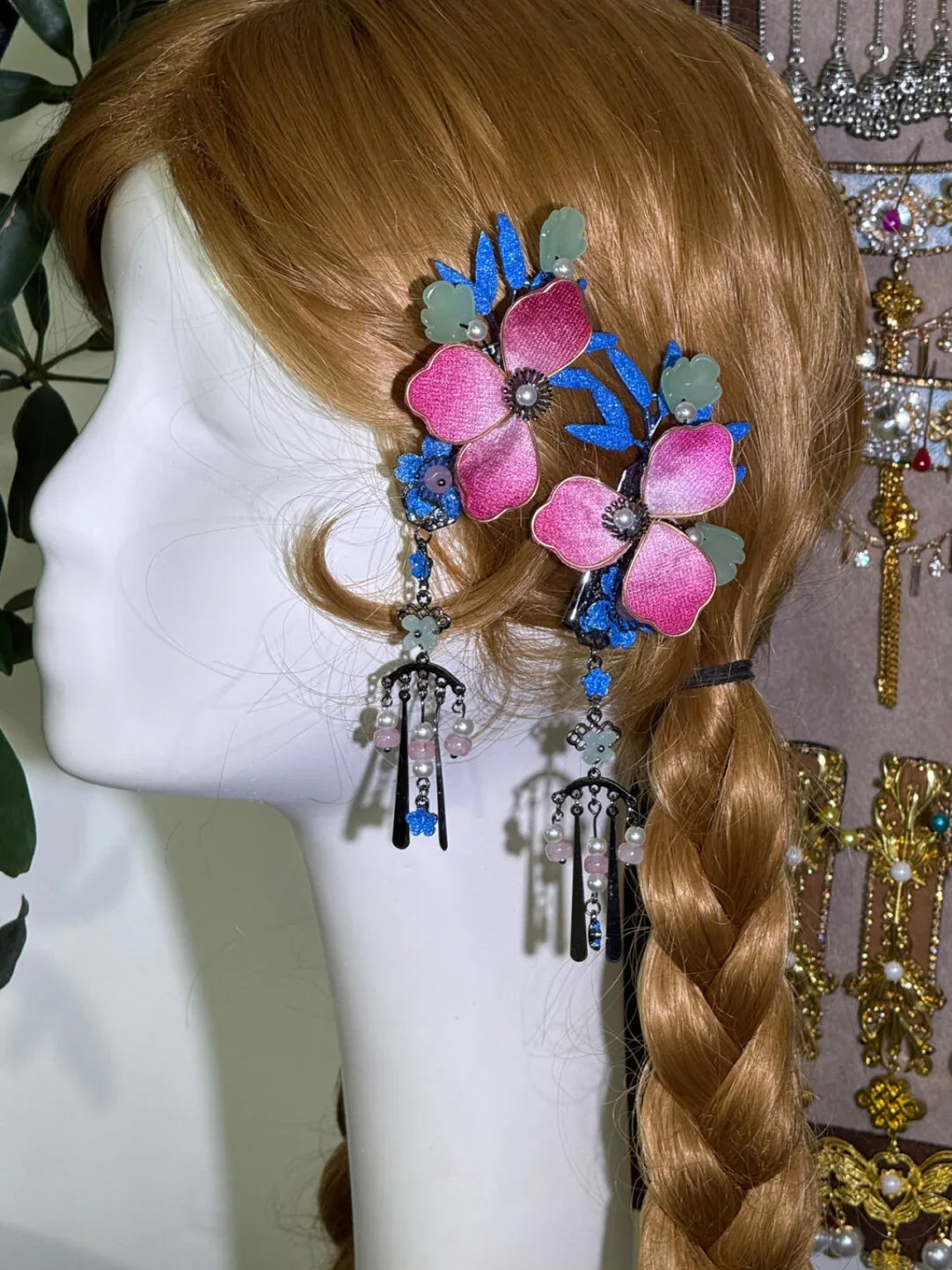 Authentic handmade ethnic accessories begonia pink artisan crafted hair jewelry for traditional outfits standing front