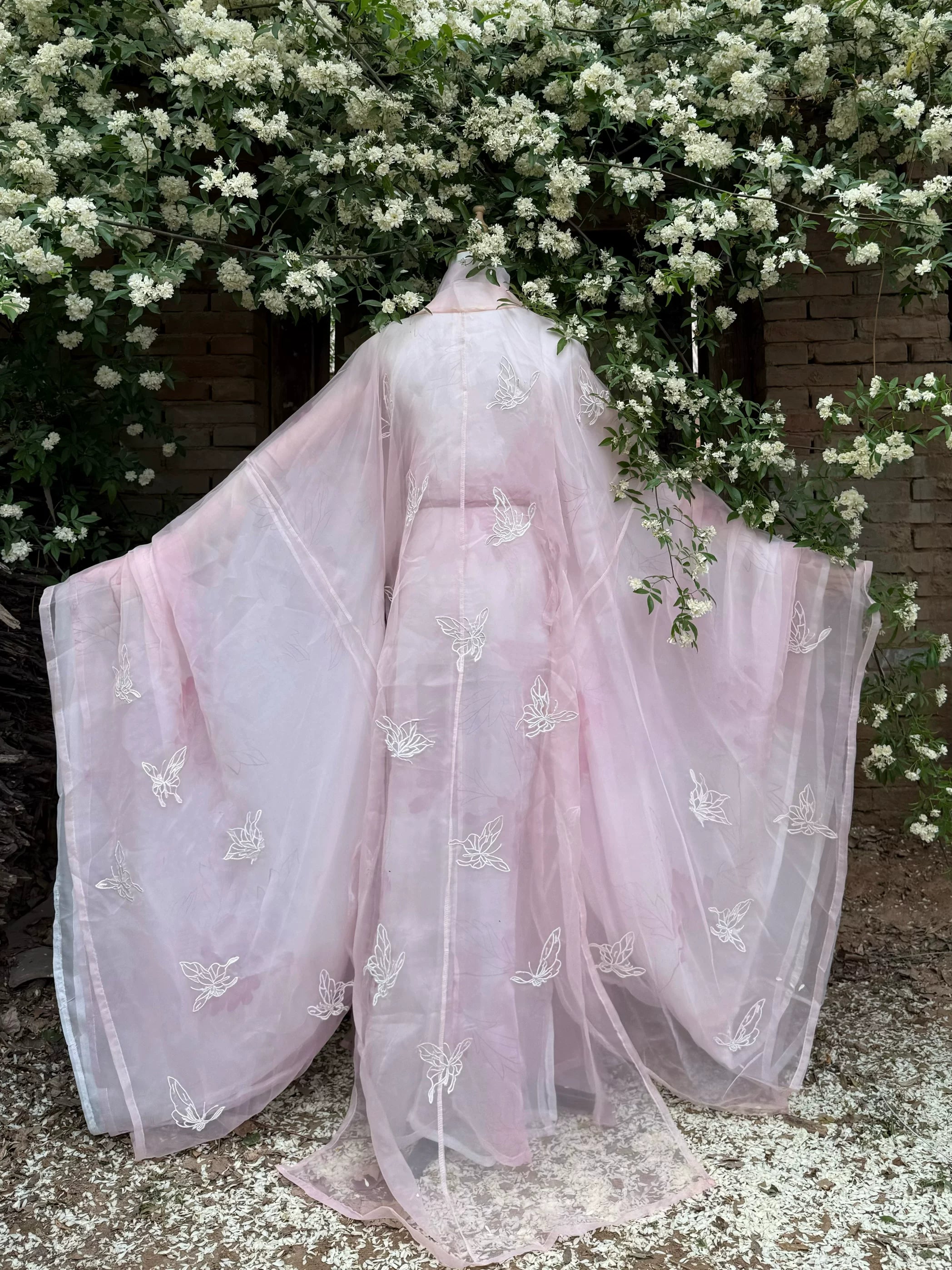 Authentic hanfu dress set pink gradient wide sleeve floral embroidery robe and layered chiffon skirt for women standing front