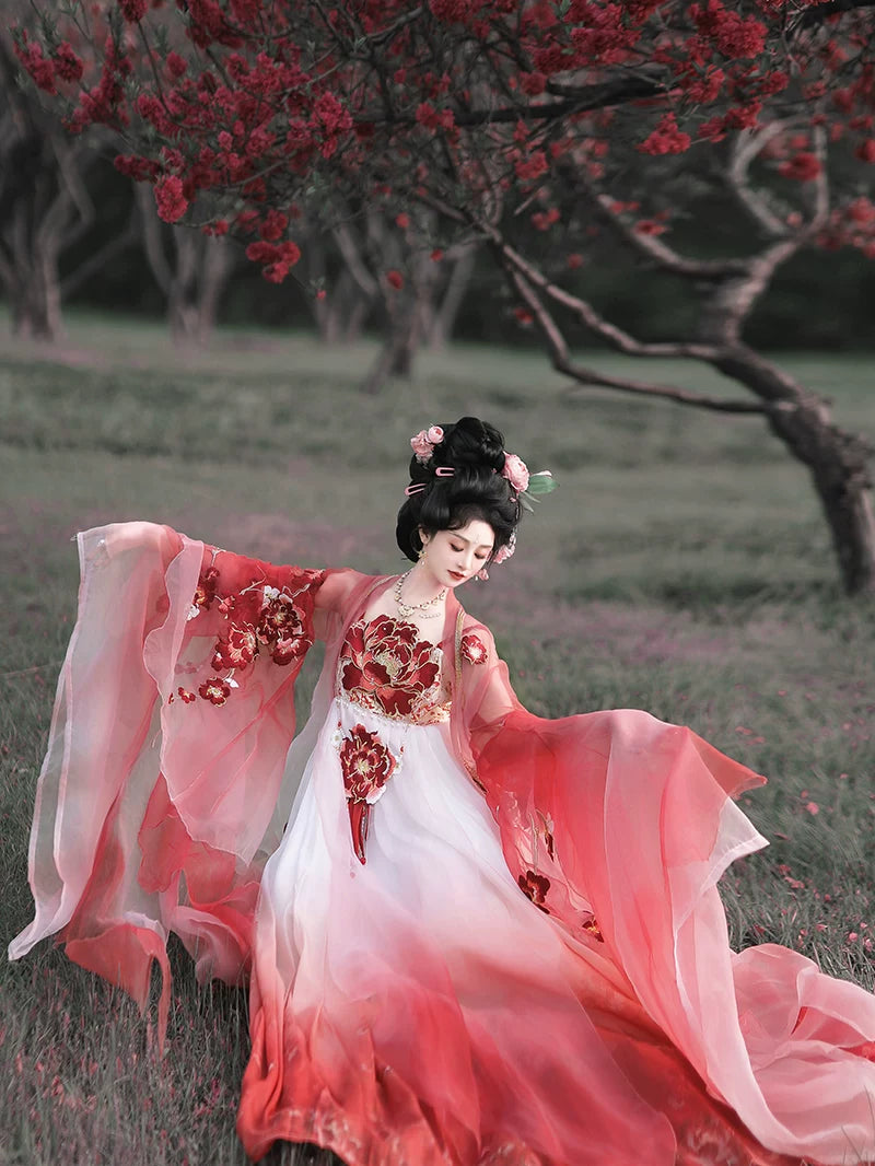 Authentic hanfu dress set red and white gradient wide sleeve robe 3d floral embroidery two color options standing front