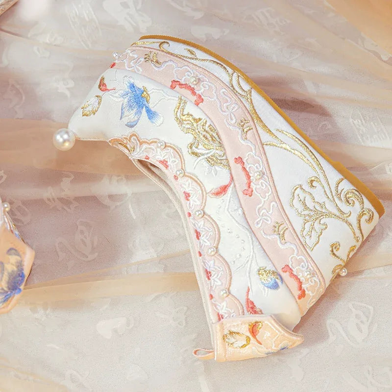 Authentic hanfu embroidered heels women song style qipao shoes pearl detail 10cm lift for women standing front