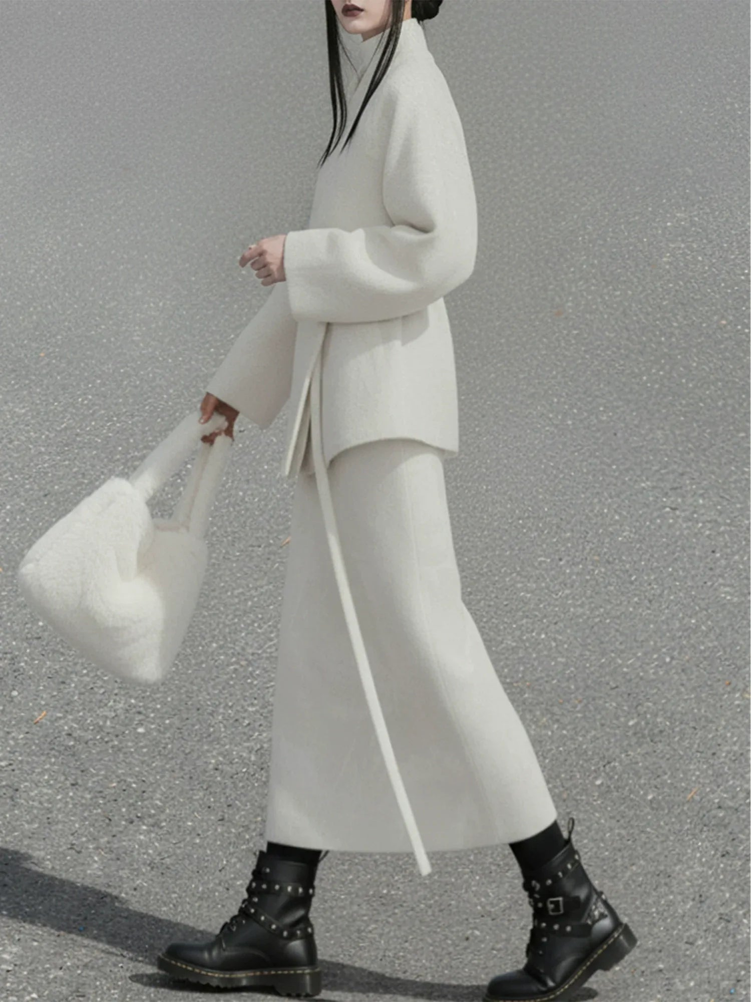 Authentic hydrangea ivory new chinese outfit wool cross collar jacket straight skirt soft elegant set standing front