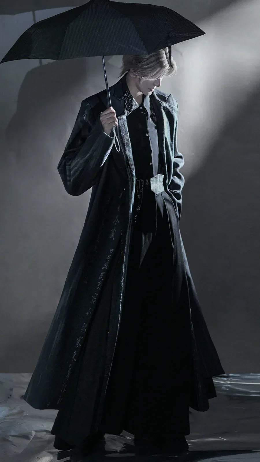 Authentic ink rhythm new chinese set unisex wool coat with calligraphy inspired ink wash design for all standing front