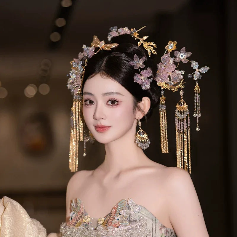 Authentic light toned chinese bridal hairpin elegant floral headpiece set for hanfu qipao standing front
