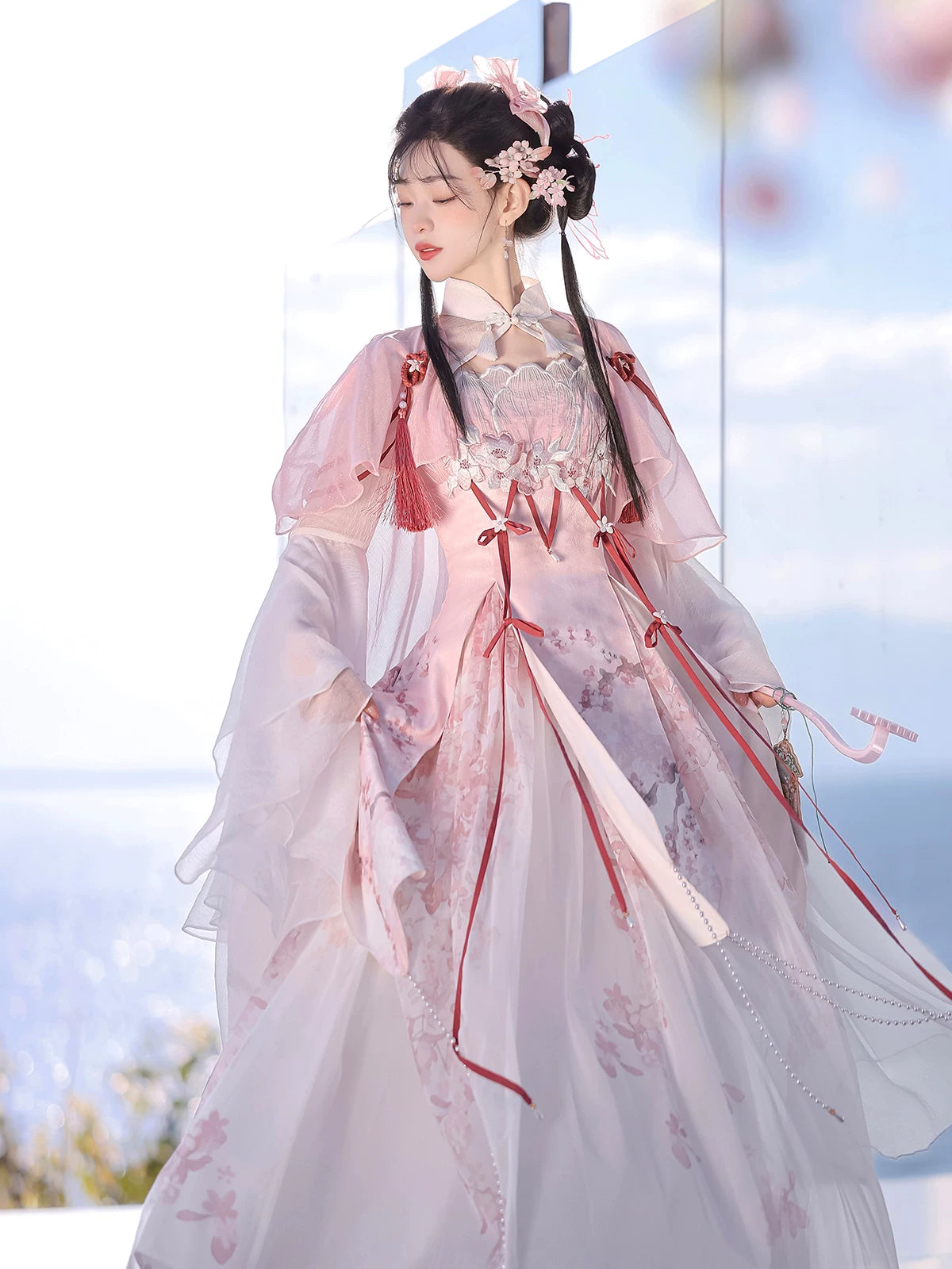 Authentic lolita hanfu set pink white sheer wide sleeve outer robe lace up mini skirt tassel belt sakura fairy style for women standing front
