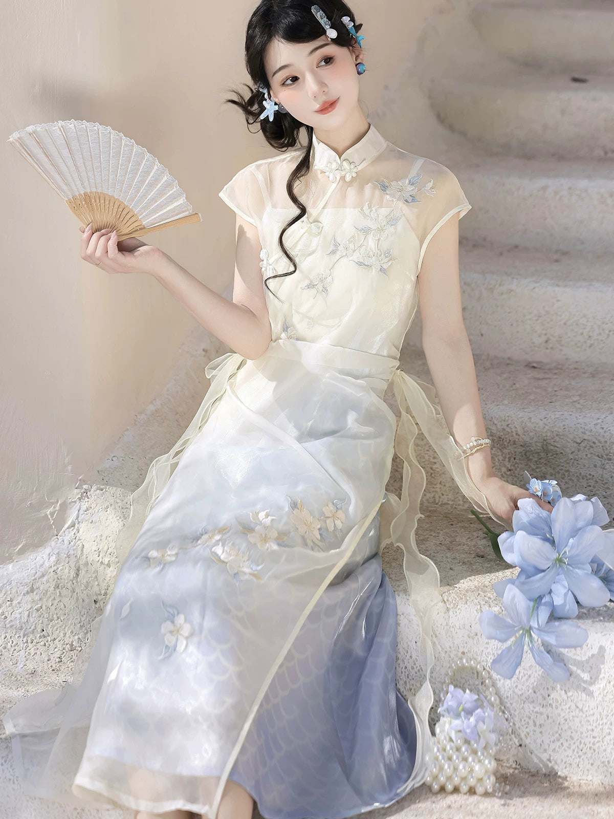 Authentic lolita qipao white blue gradient sleeveless midi dress with 3d floral petal detail mandarin collar fairy style for women standing front