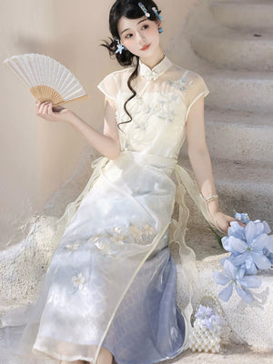 Authentic lolita qipao white blue gradient sleeveless midi dress with 3d floral petal detail mandarin collar fairy style for women standing front