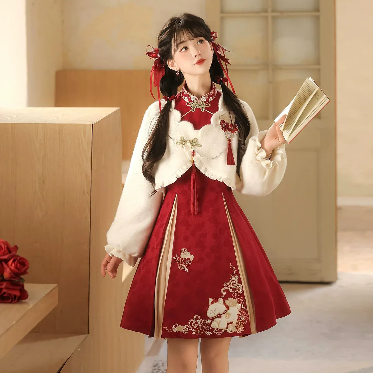 Authentic lucky pony new year hanfu red qipao set with modern chinese festive design for autumn winter standing front
