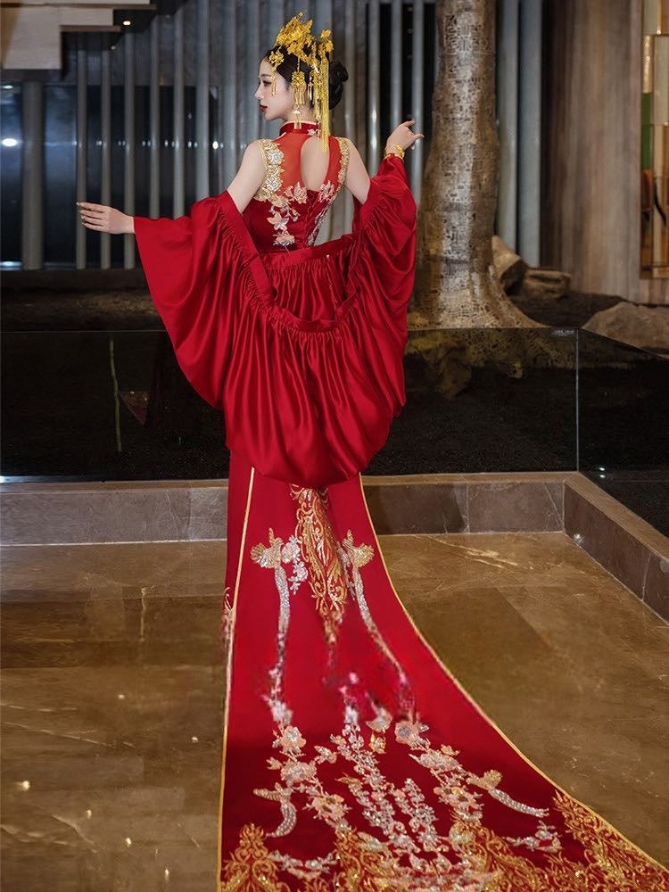 Authentic luxury trailing cheongsam bridal wedding shawl engagement dinner dress for formal events standing front