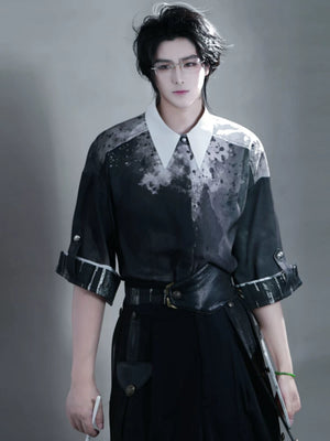 Authentic men hanfu set dark grey ink floral embroidery short sleeve top black wide leg pants urban style for men standing front