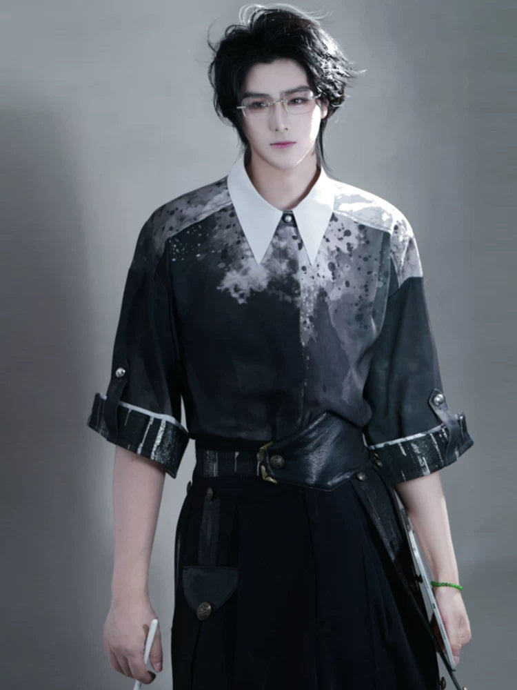 Authentic men hanfu set dark grey ink floral embroidery short sleeve top black wide leg pants urban style for men standing front