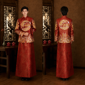 Authentic men xiuhe wedding suit red gold dragon phoenix embroidered long sleeve mandarin collar groom outfit traditional chinese wedding for men standing front