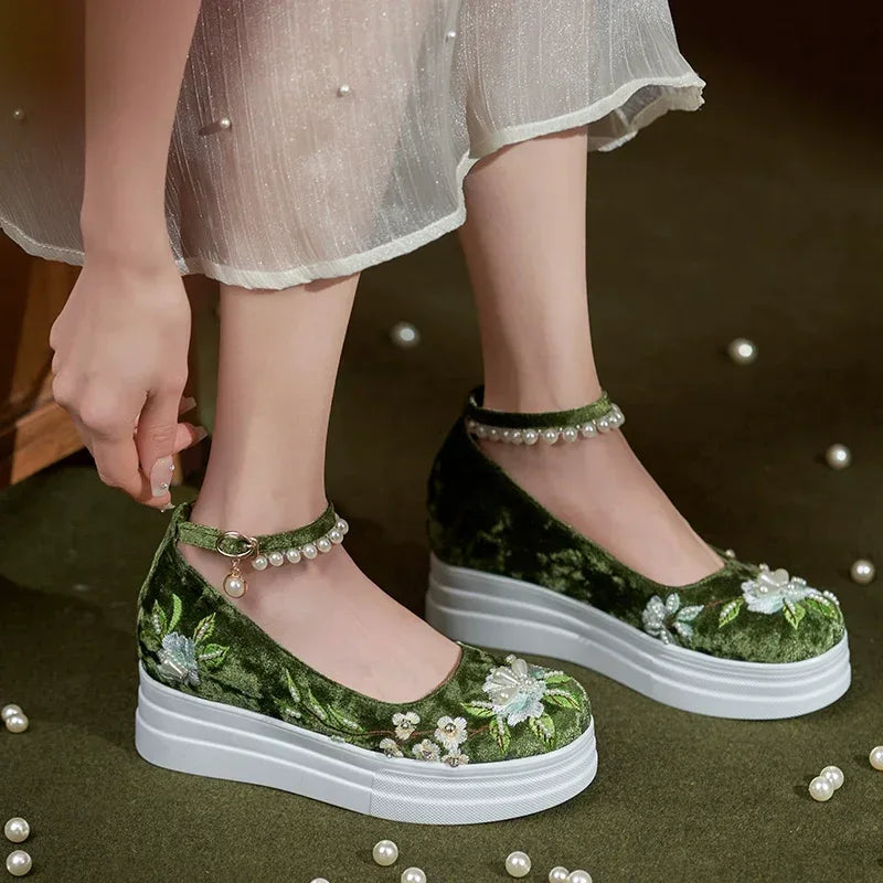 Authentic mermaid tear jade lace hanfu flats embroidered traditional chinese shoes with hidden wedge heel standing front