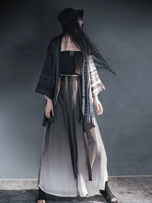 Authentic modern dark hanfu black gradient sheer outer robe wide leg pants streetwear inspired set for women standing front