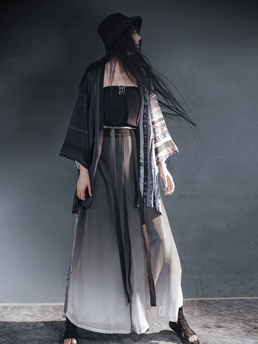 Authentic modern dark hanfu black gradient sheer outer robe wide leg pants streetwear inspired set for women standing front