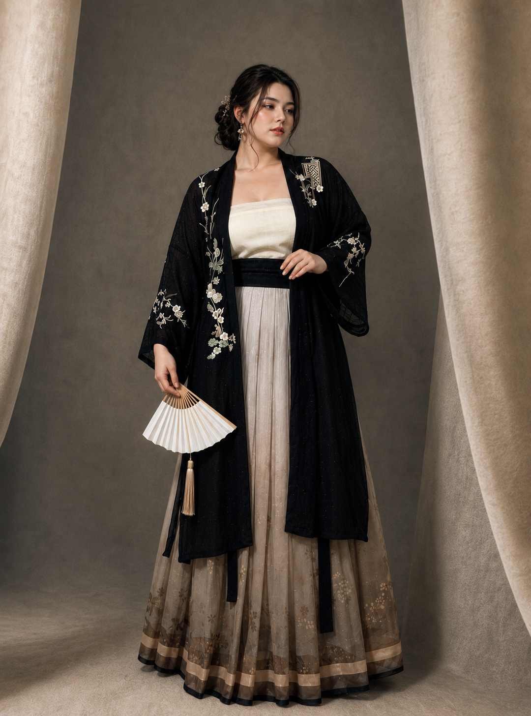 Authentic modern hanfu black white floral embroidered wide sleeve robe white tube top gold trim mamian skirt luxury chinese style for women standing front