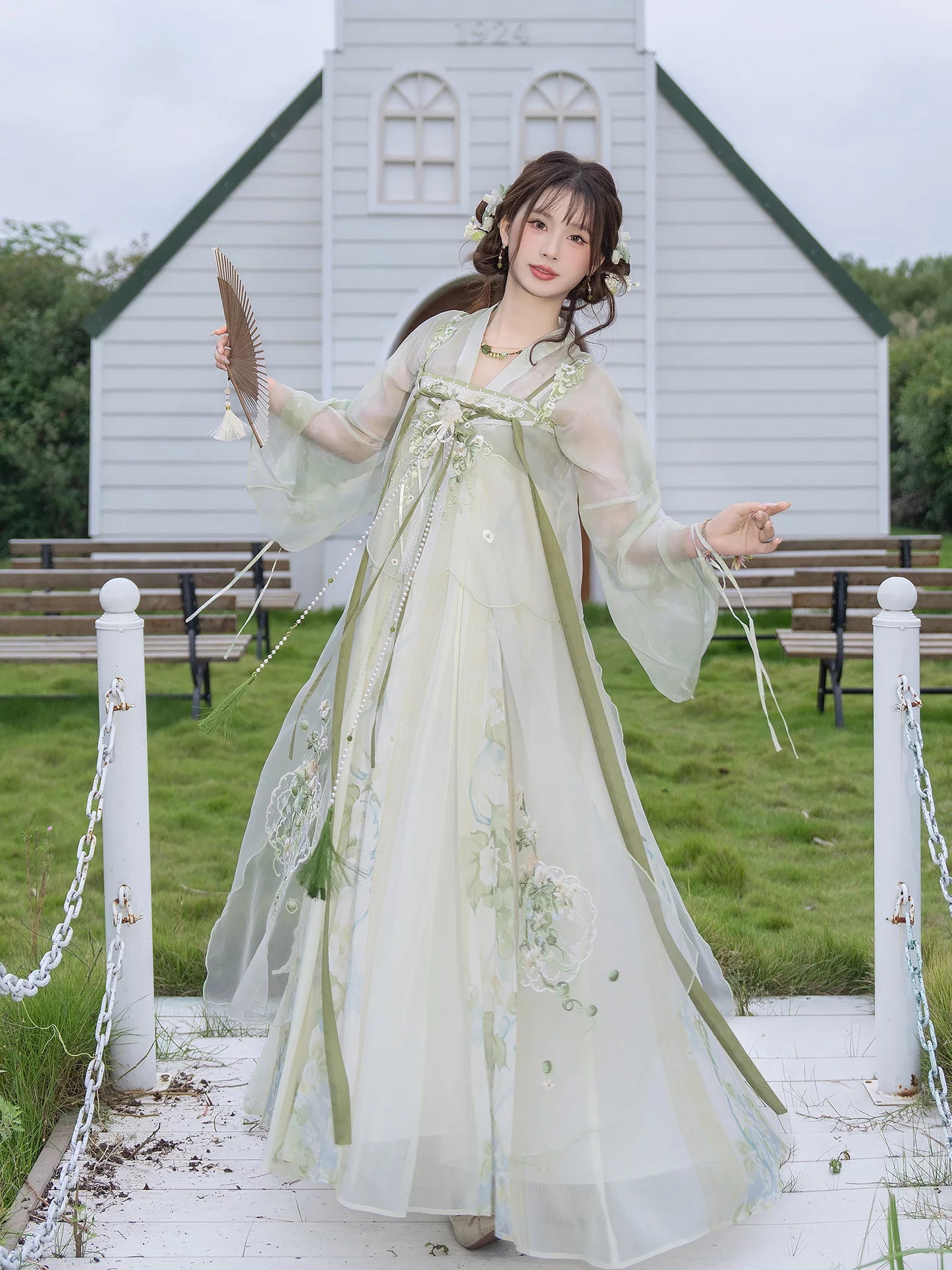 Authentic modern hanfu dress ivory square neck puff sleeve layered lace tulle maxi dress dreamy garden bridal style for bride standing front