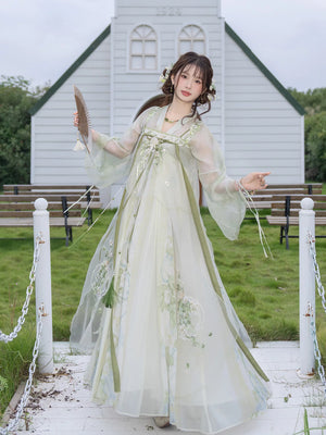 Authentic modern hanfu dress ivory square neck puff sleeve layered lace tulle maxi dress dreamy garden bridal style for bride standing front