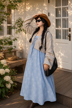 Authentic modern hanfu dress light blue fringe shoulder slip maxi dress with knit cardigan casual lazy style for women standing front