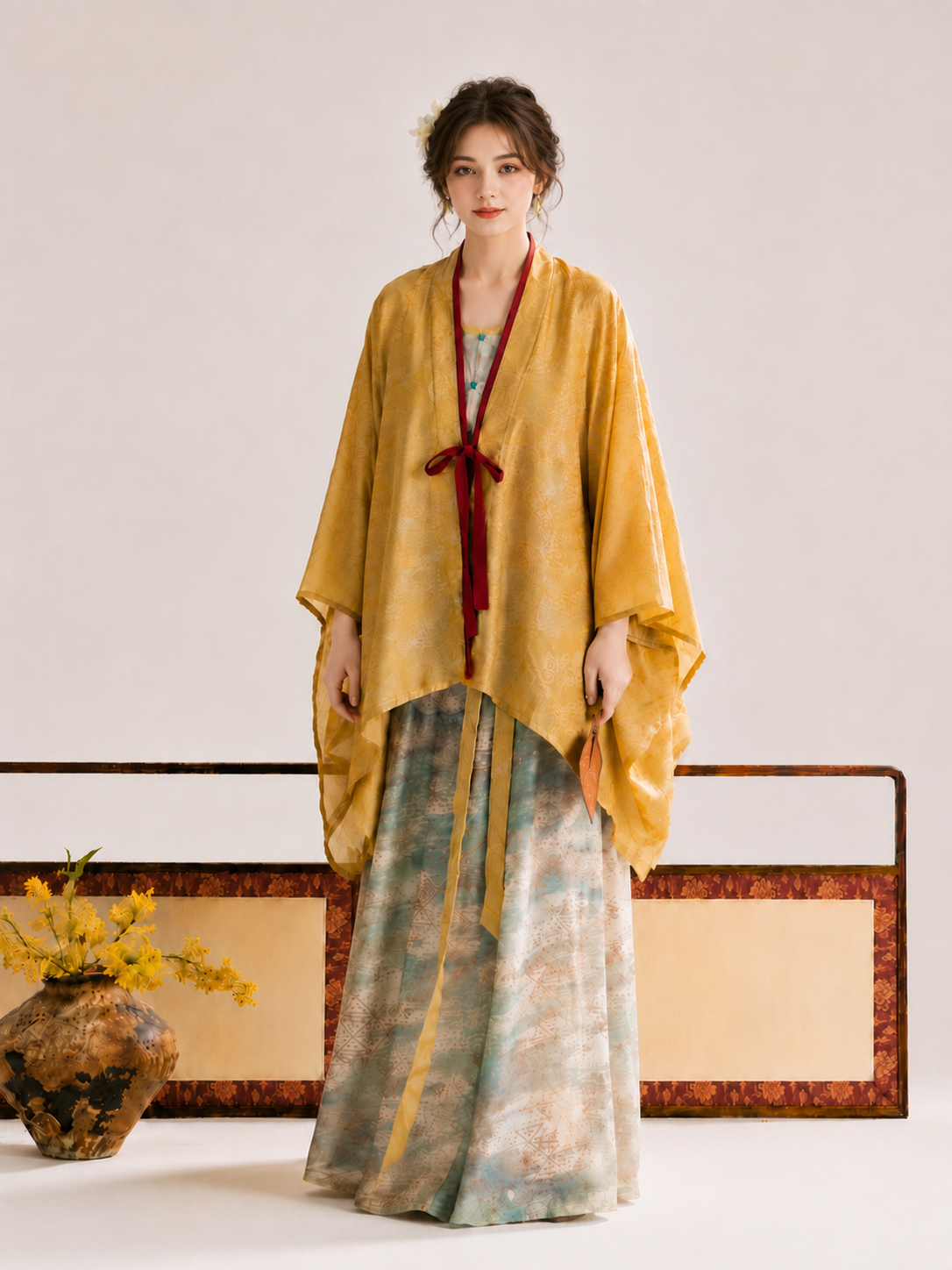 Authentic modern hanfu mustard yellow tang dynasty cardigan wide sleeve sun protection top printed wide leg pants daily commute summer for women standing front