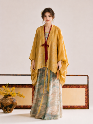 Authentic modern hanfu mustard yellow tang dynasty cardigan wide sleeve sun protection top printed wide leg pants daily commute summer for women standing front