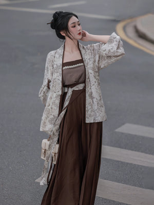 Authentic modern hanfu set floral wide sleeve cardigan robe dark brown tube top mini skirt vintage streetwear chinese style for women standing front