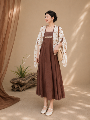 Authentic modern hanfu set ivory polka dot wide sleeve cardigan robe brown slip midi dress vintage casual chinese style for women standing front