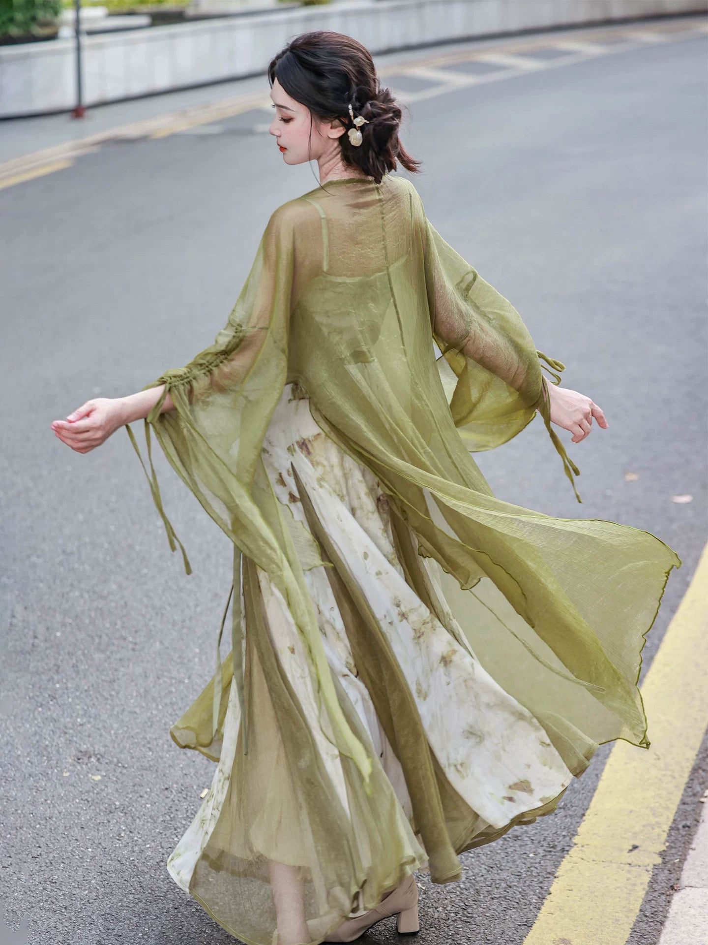  Authentic modern hanfu set matcha green wide sleeve sheer robe white floral slip maxi dress elegant fairy street style for women standing front