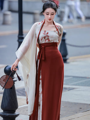 Authentic modern hanfu set white floral sheer wide sleeve robe burgundy slip top mamian skirt vintage street chinese style for women standing front