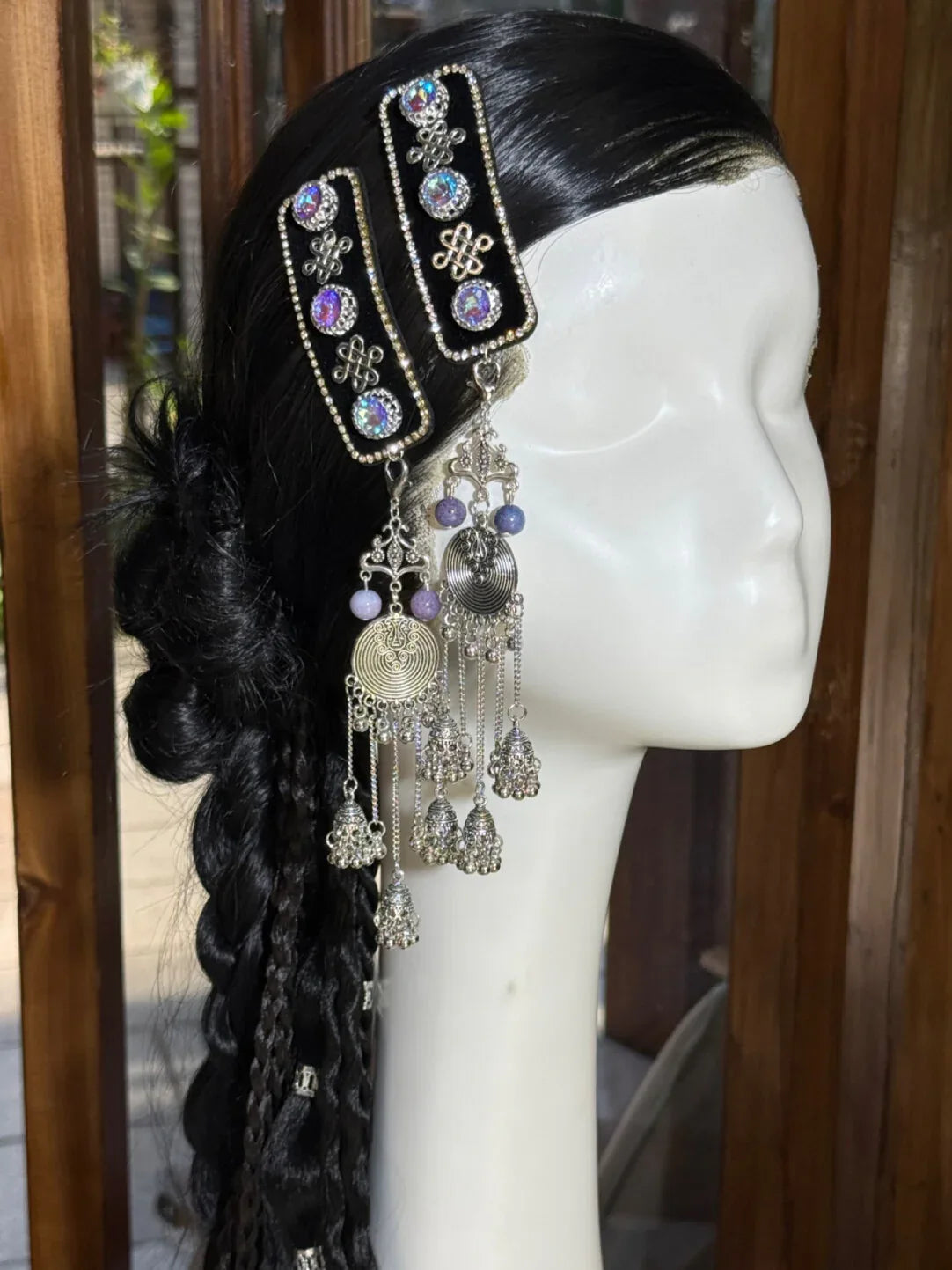 Authentic mongolian handmade modern hair accessories ethnic style hair clips with pearl and semi precious stones for women standing front