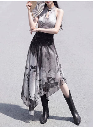Authentic new chinese black white set ink bamboo cut shoulder top with ink smudge asymmetrical skirt for versatile women standing front

