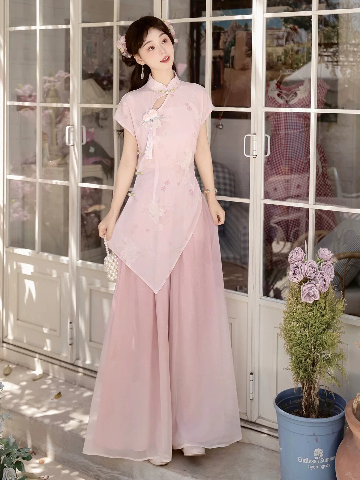 Authentic new chinese style two piece set improved cheongsam dress and retro pink wide leg pants for summer women standing front