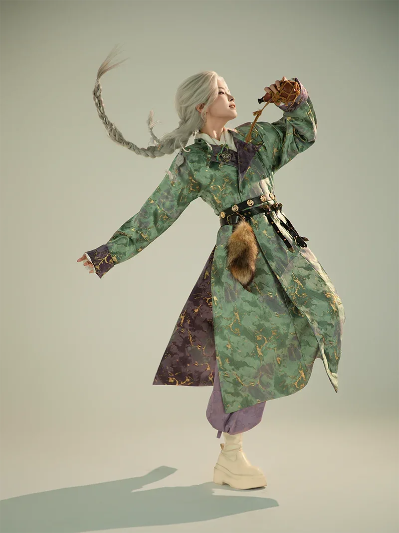 Authentic perilla leaf tang style robe reversible hanfu with unisex round collar for casual outings standing front