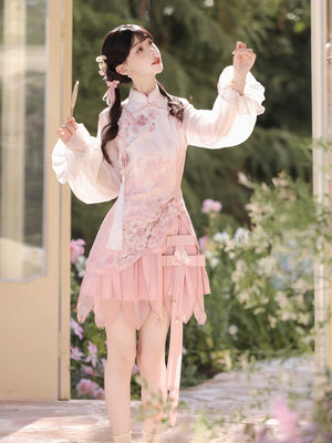 Authentic pink lolita cheongsam dress ruffle puff sleeve qipao sweet chinese style mini dress for women standing front