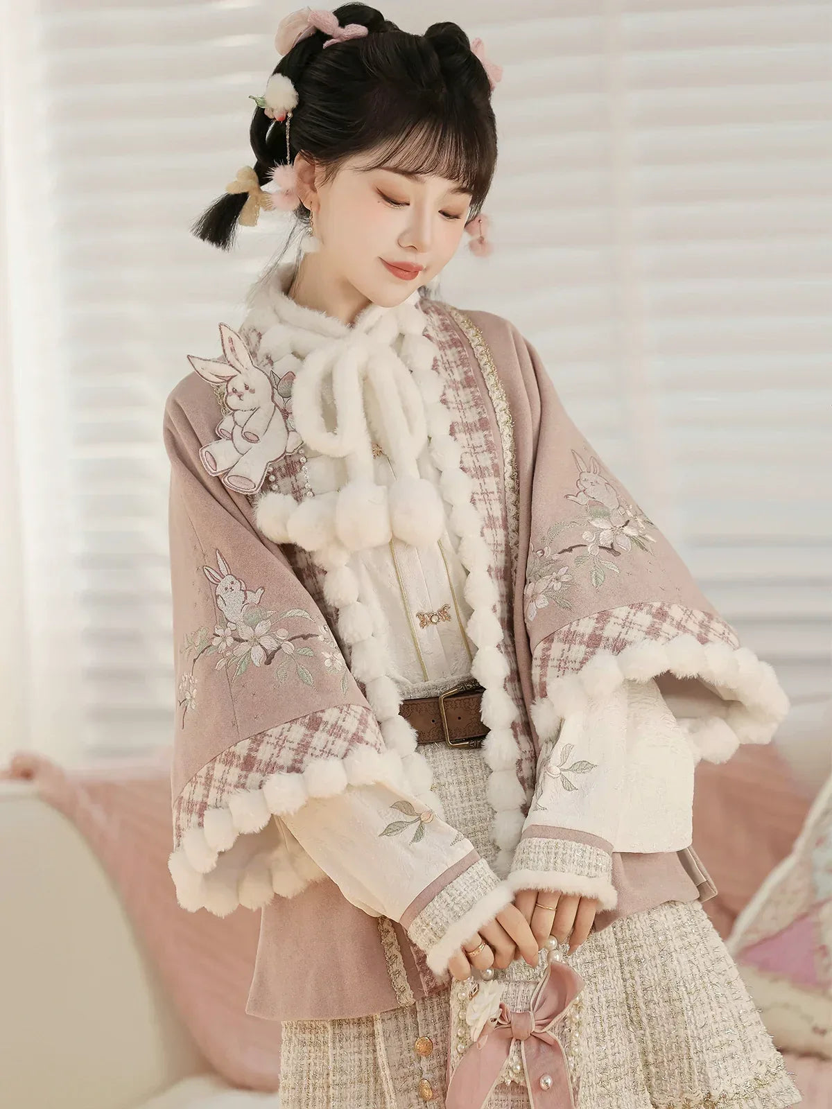 Authentic pink modern hanfu set new chinese inspired top and midi skirt for autumn winter outings standing front